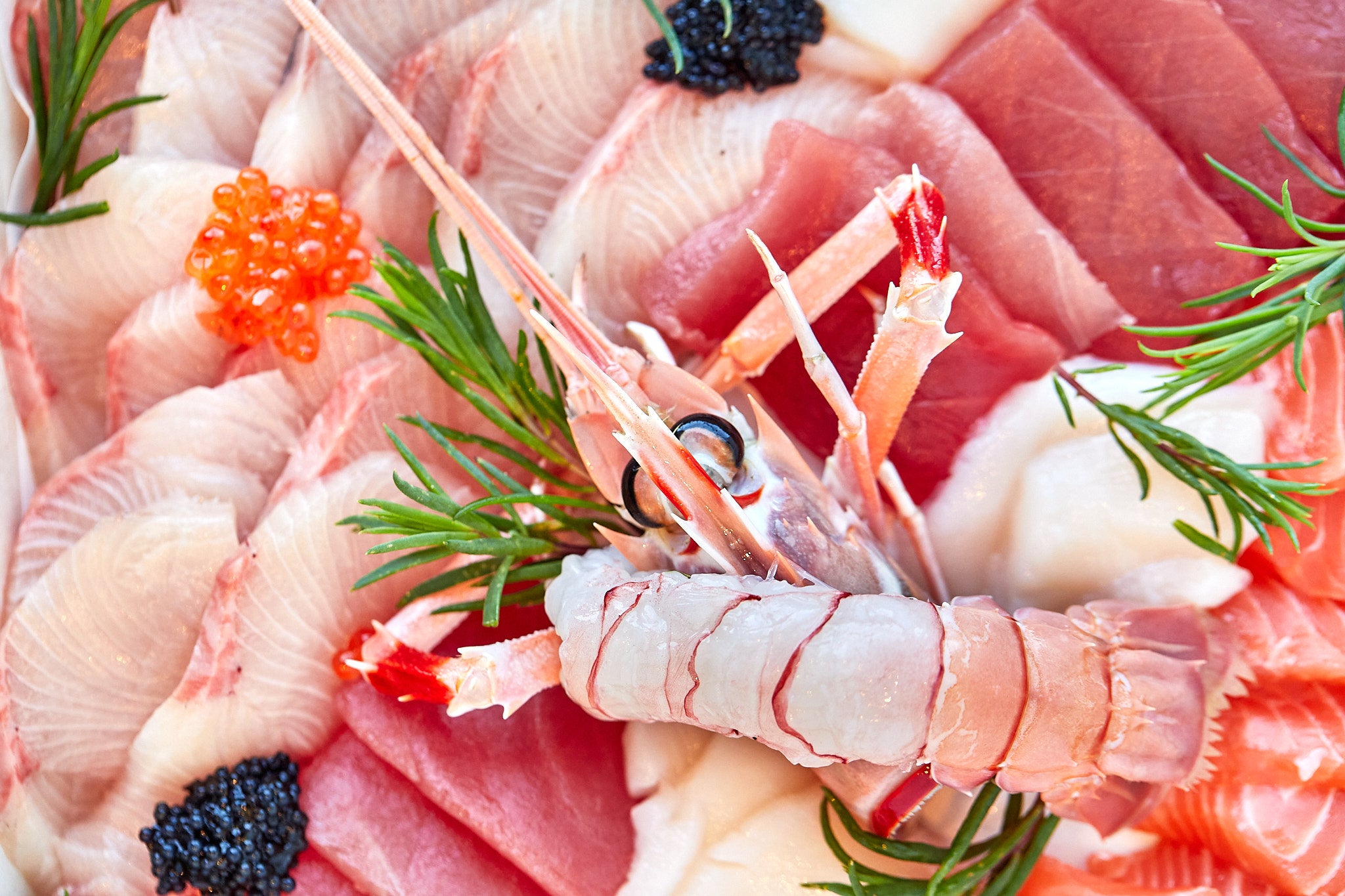 Sashimi platter with smoked salmon, tuna, kingfish, caviar and prawns from steve Costi seafood