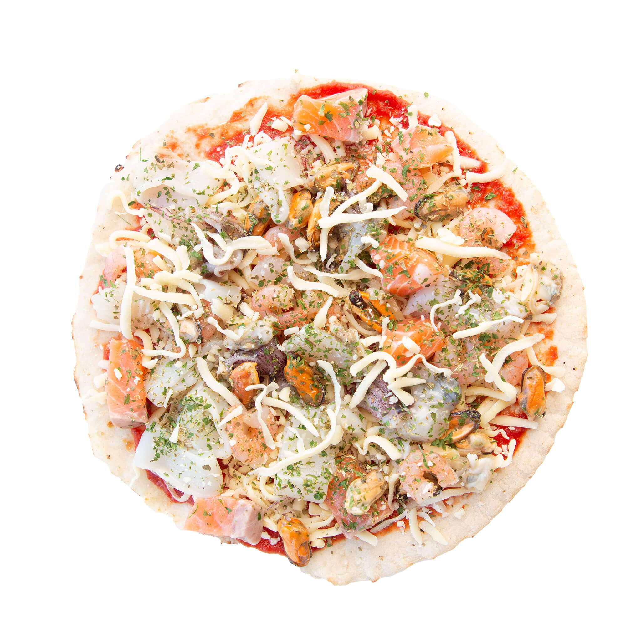 Frozen Seafood Marinara Pizza which includes succulent squid, soft prawns and delicious mussels, mozzarella cheese and oregano from steve costi