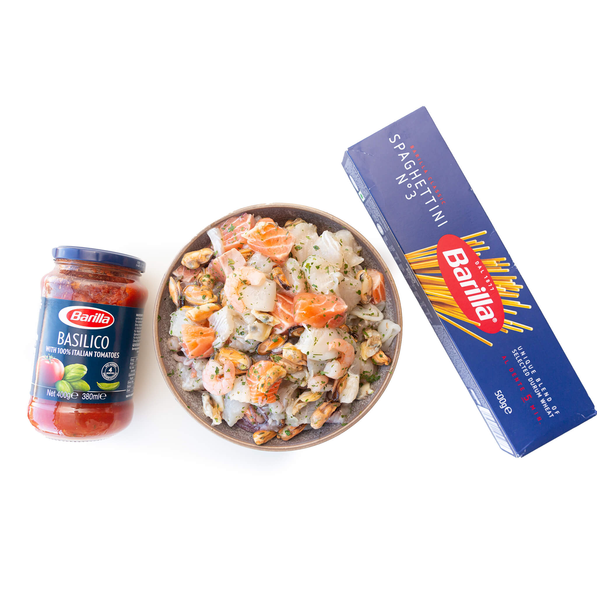 Seafood spaghetti marinara 4-5 people.A delicious mix of the rich marinara mix with  juicy prawns, soft calamari bits, and delicate pieces of fresh fish. , with Barilla Spagehetti,  and Basilico sauce available at steve costi seafood