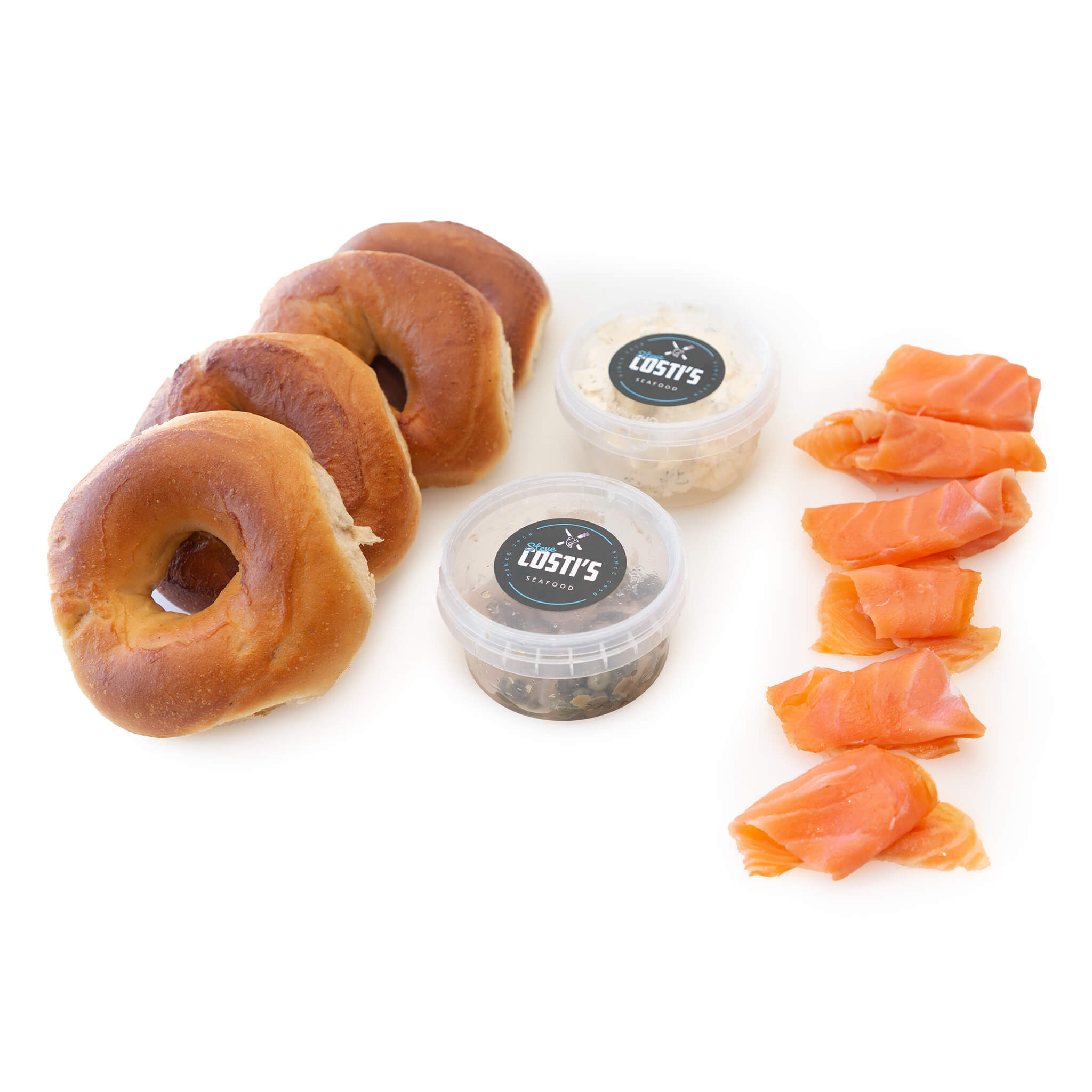 Salmon Bagel Box from steve costi seafood with Smoked Salmon, cream cheese, capers, and pickled onions