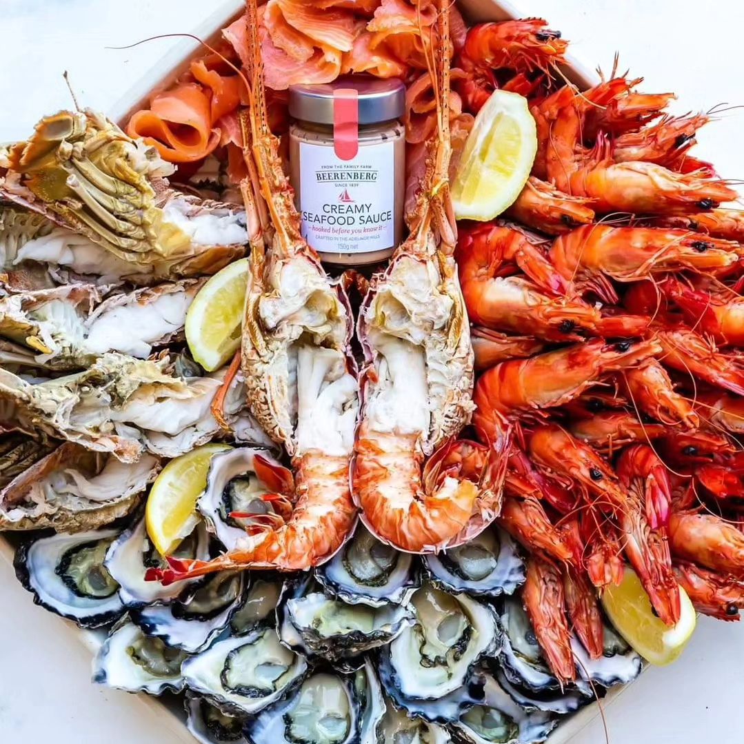 Large cold Seafood platter with Smoked salmon, Cooked prawns, lobster, moreton bay bug,sydney rock oysters  Steve Costi Seafod