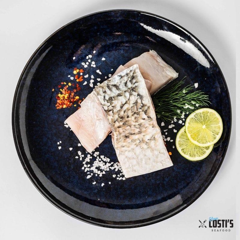 Barramundi Fillets in a plate with condiments, 350g. (Serves 2) from Costi seafood