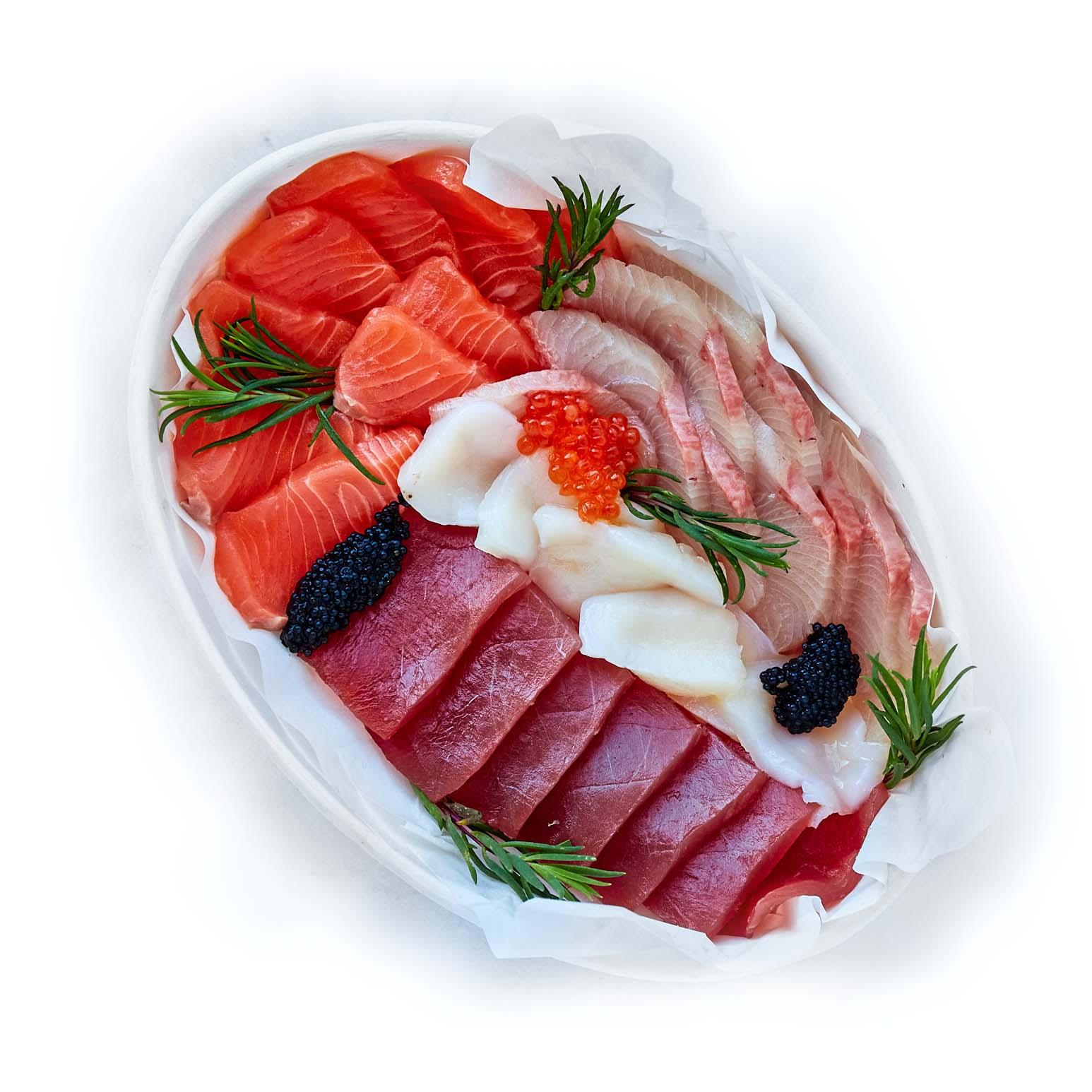 Sashimi platter for 2 with salmon, tuna, kingfish, scallops, salmon and black lumpfish from Steve Costi