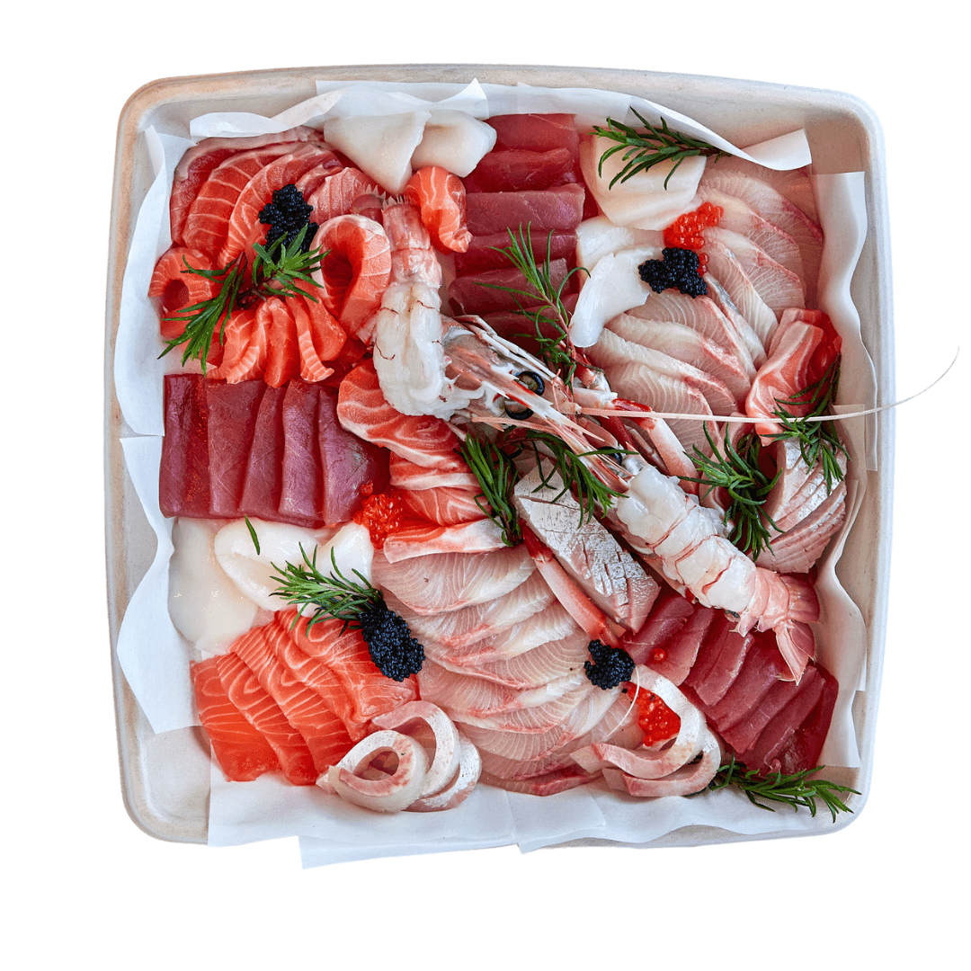Sashimi platter  with salmon, tuna, kingfish, scallops, salmon caviar and black lumpfish from Steve Costi seafood